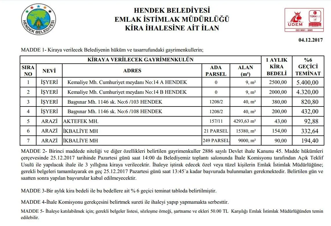 Haber: Hendek’te açık teklif usulü ihale - Öne Çıkan