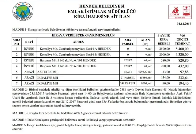 Hendek’te açık teklif usulü ihale