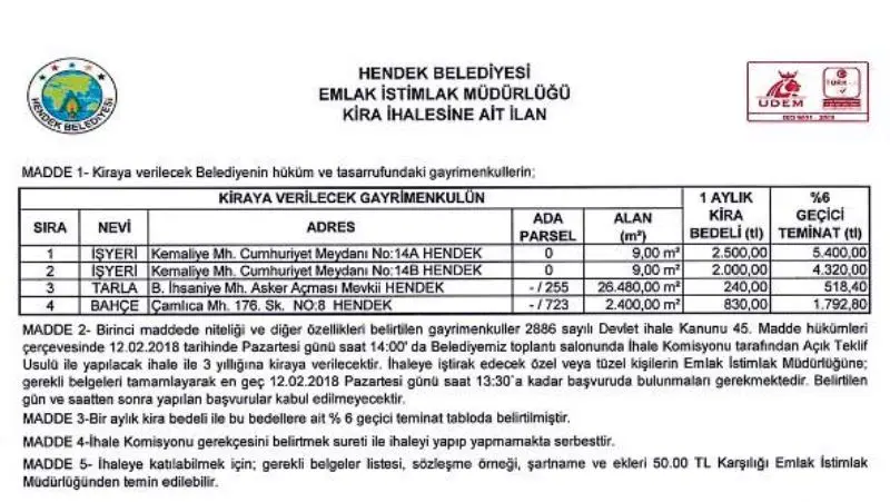 Haber: Hendek’te açık teklif usulü ihale - Öne Çıkan