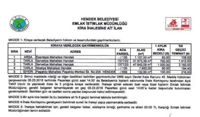 Hendek Belediyesinden Açık Teklif Usulü İhale