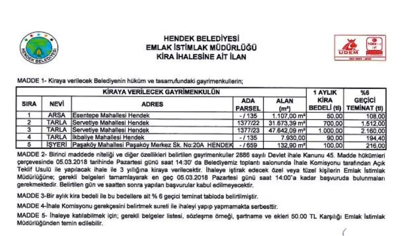 Haber: Hendek Belediyesinden Açık Teklif Usulü İhale - Öne Çıkan
