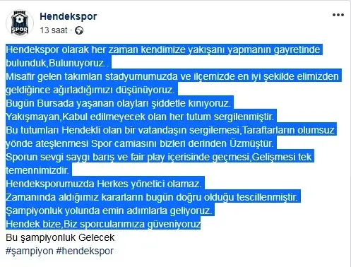 Hendekspor Bursa’da Yaşanan Olayları Kınadı
