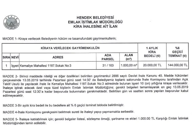 Haber: Hendek Belediyesi Açık Teklif usulü ihale - Galeri-1