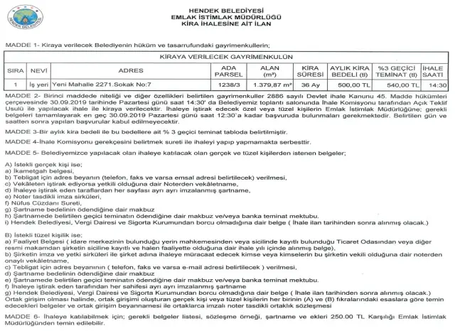 Hendek Belediyesinden Açık Teklif Usulü İhale