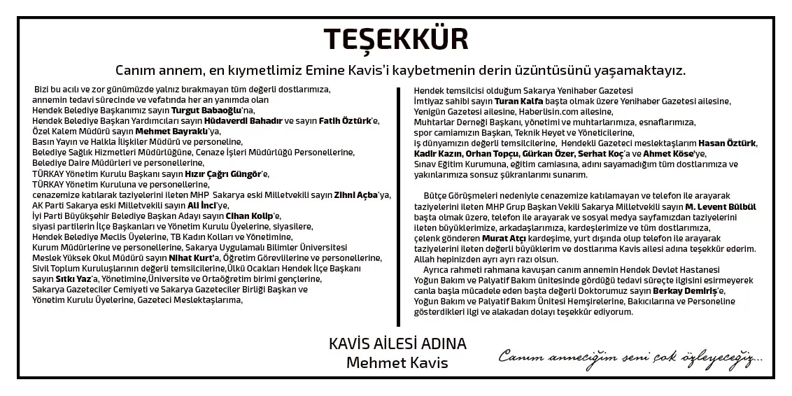 Haber: Kavis Ailesinden Teşekkür - Öne Çıkan