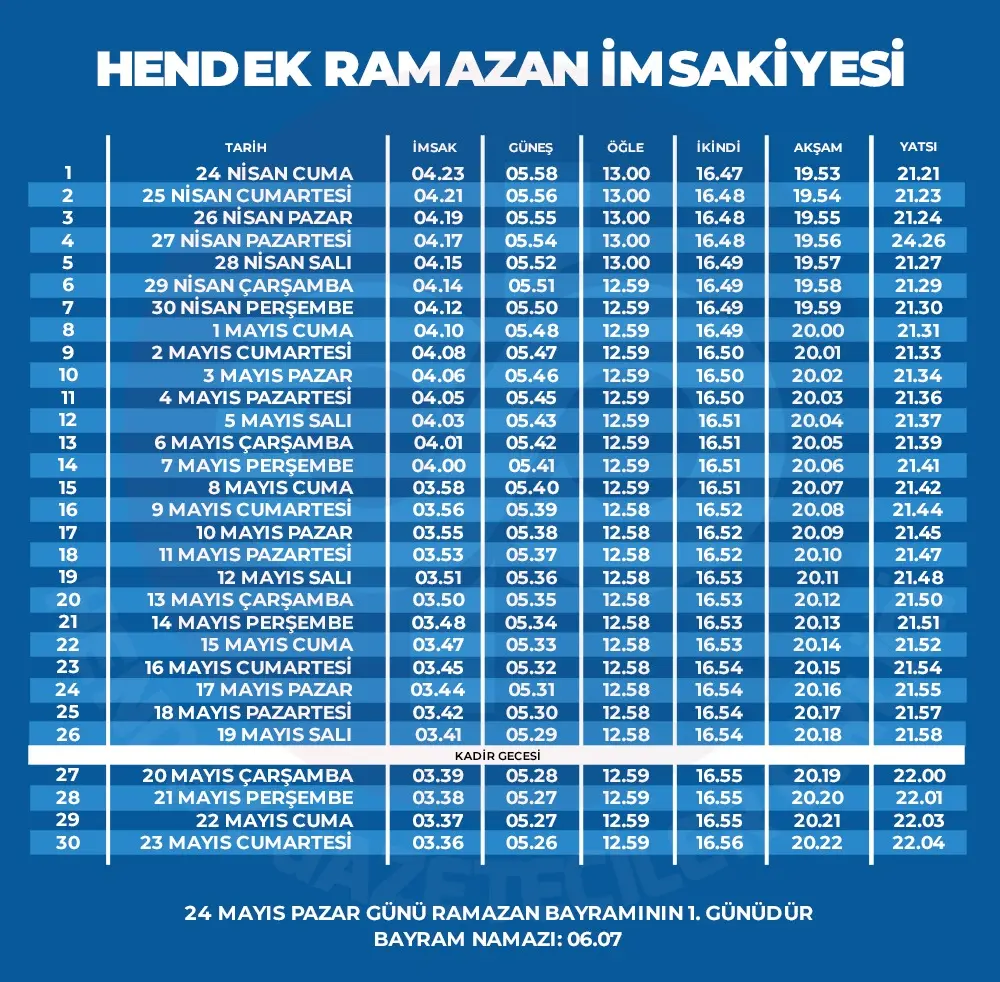 Haber: Hendek İçin Ramazan İmsakiyesi - Öne Çıkan