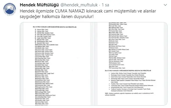 Haber: Hendek'te Namaz kılınacak camiler açıklandı - Öne Çıkan