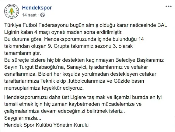 Haber: Hendekspor Yönetiminden Teşekkür - Öne Çıkan