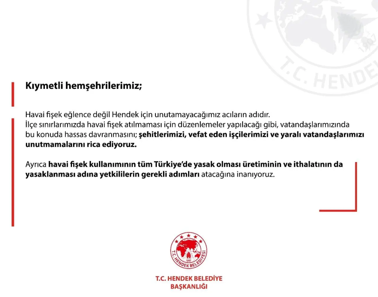 Haber: Hendek Belediyesinden Havai Fişek Kararı - Öne Çıkan