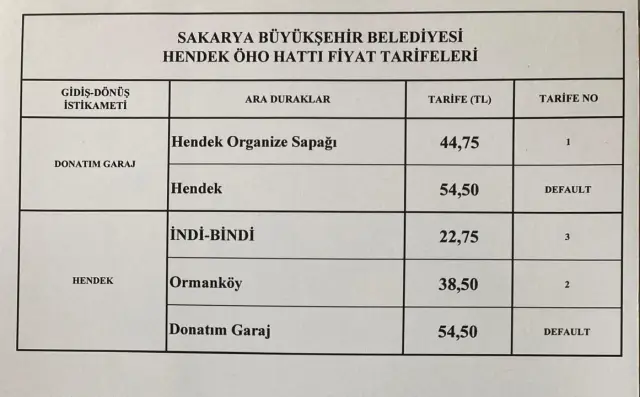 Hendek'in yeni zamlı ulaşım tarifeleri