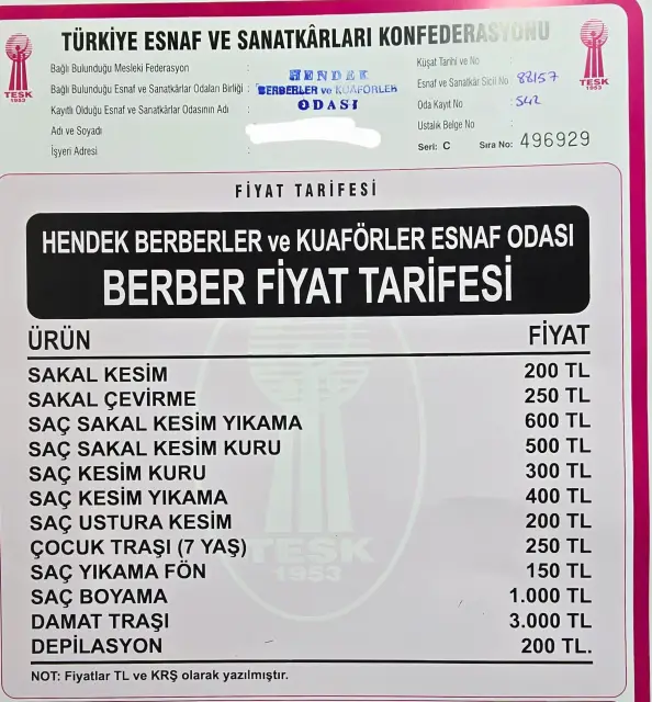 Hendek’te Berber Tarifesine Zam