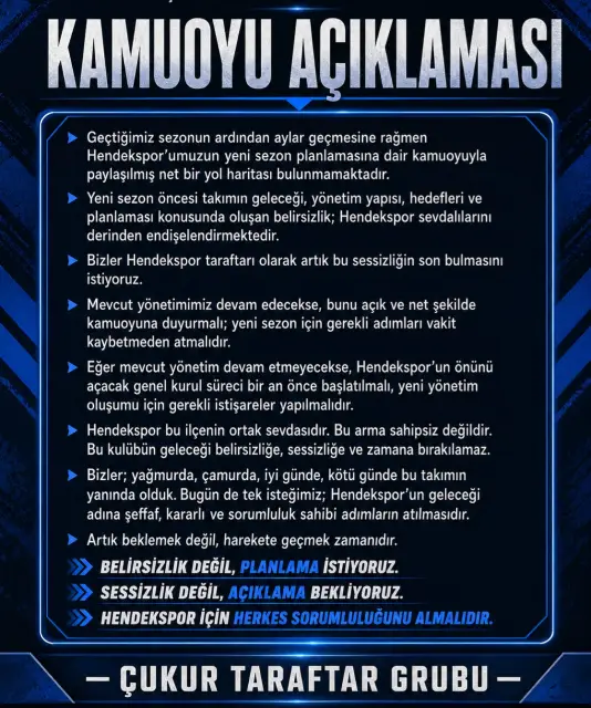 Çukur Taraftar Grubu'ndan Hendekspor Yönetimine Çağrı; Sessizlik Değil, Açıklama Bekliyoruz