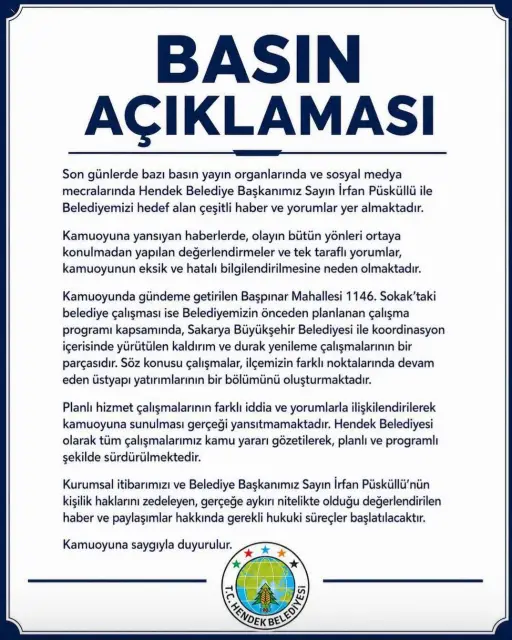 Hendek Belediyesi açıklama yaptı