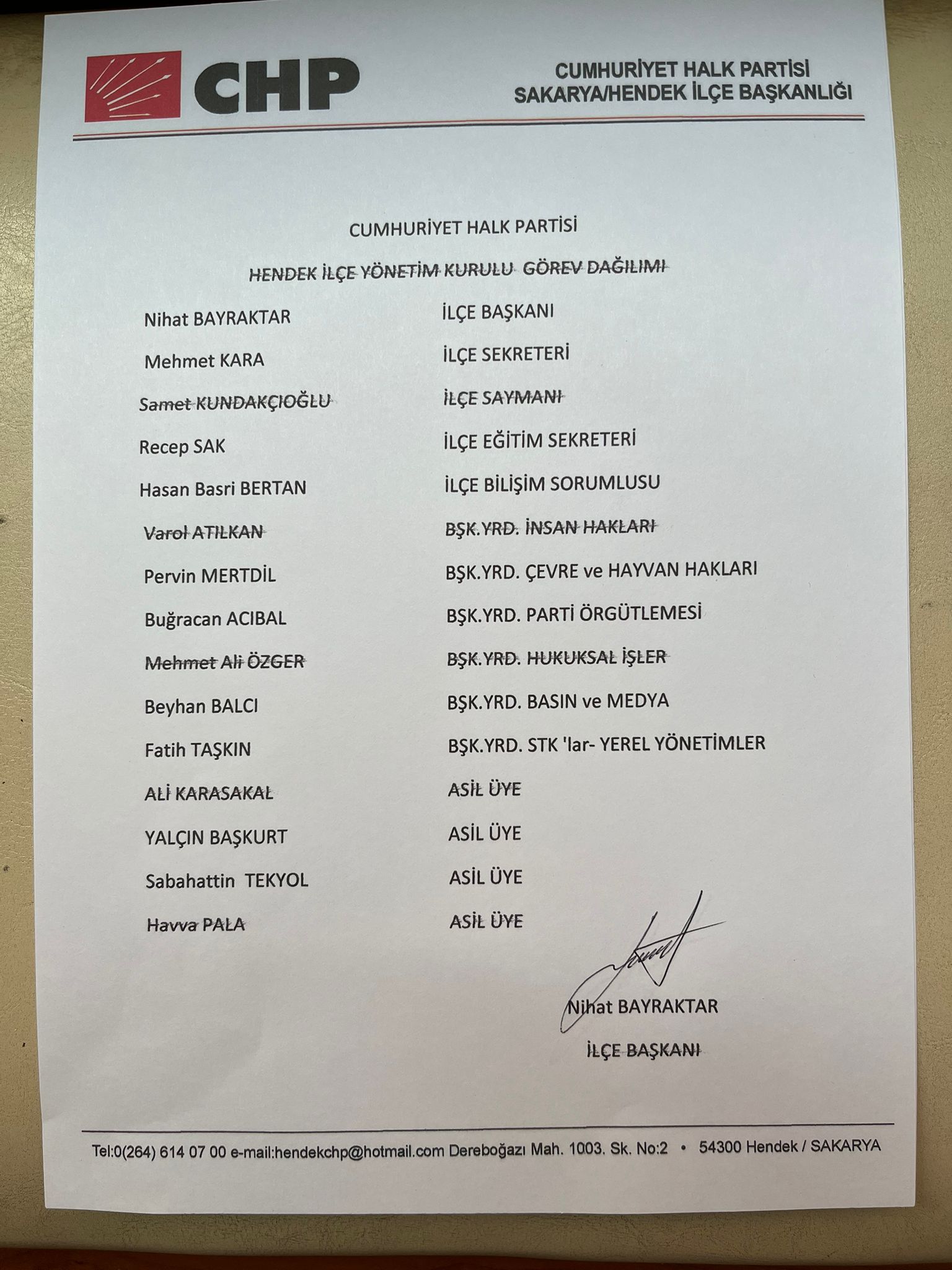 CHP HENDEK İLÇE YÖNETİMİ GÖREV DAĞILIMI