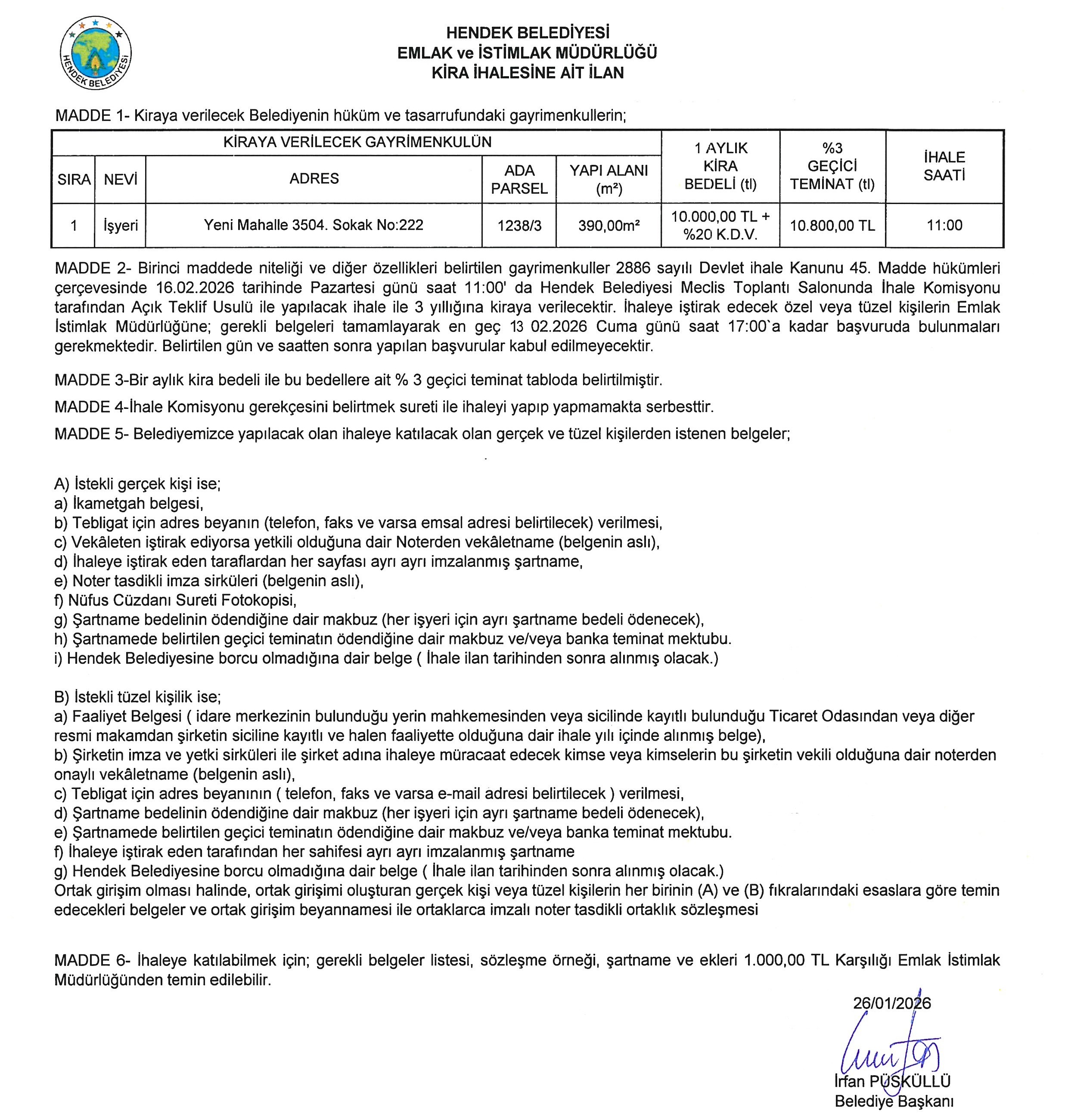 HENDEK BELEDİYESİNDEN İHALE DUYURUSU