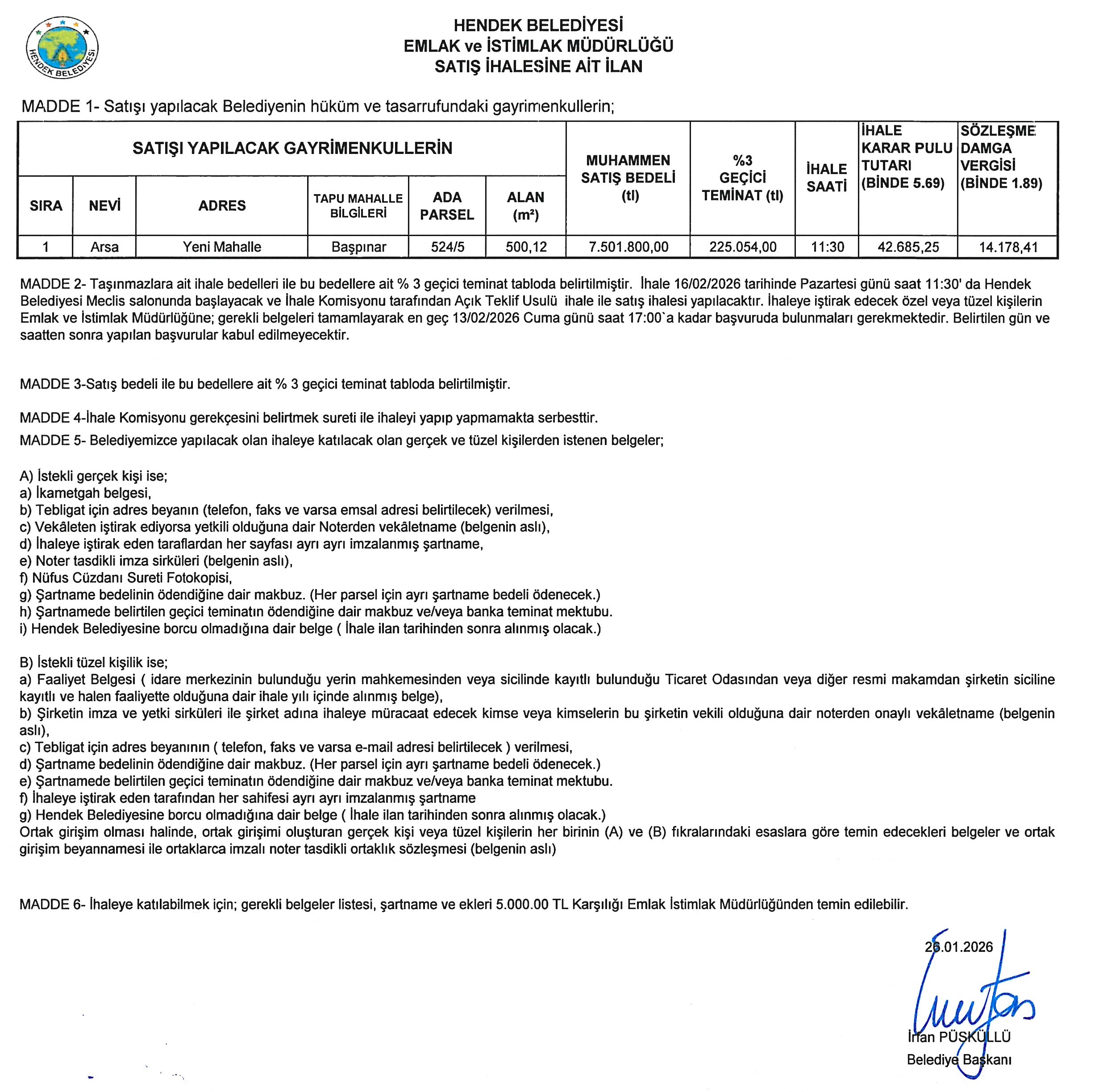 HENDEK BELEDİYESİNDEN İHALE DUYURUSU