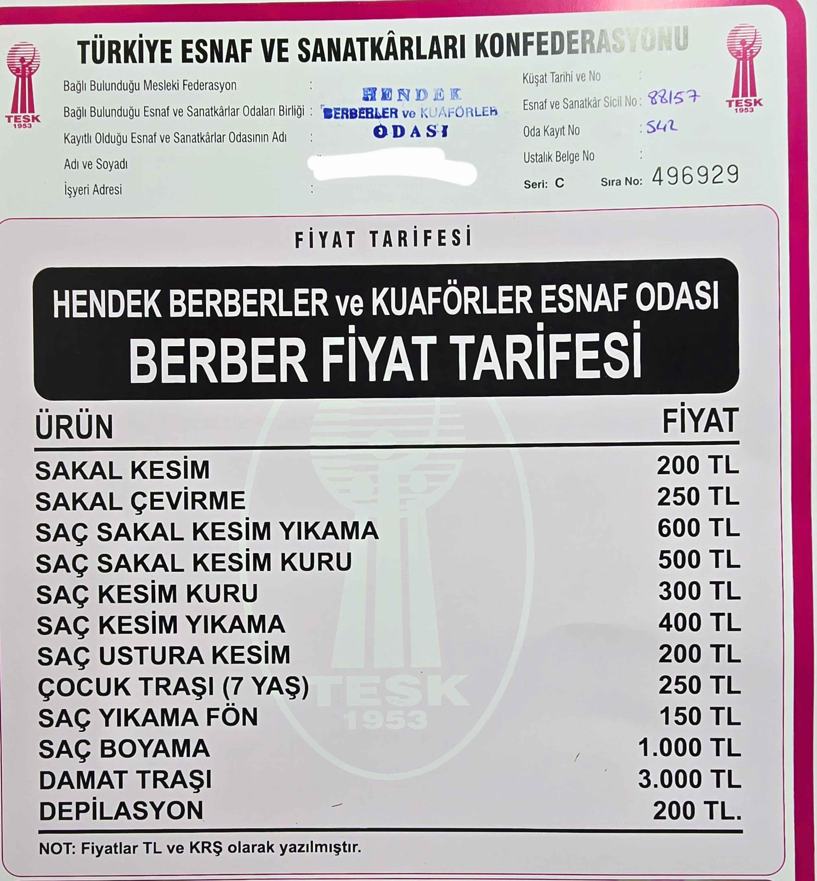 Hendek’te Berber Tarifesine Zam