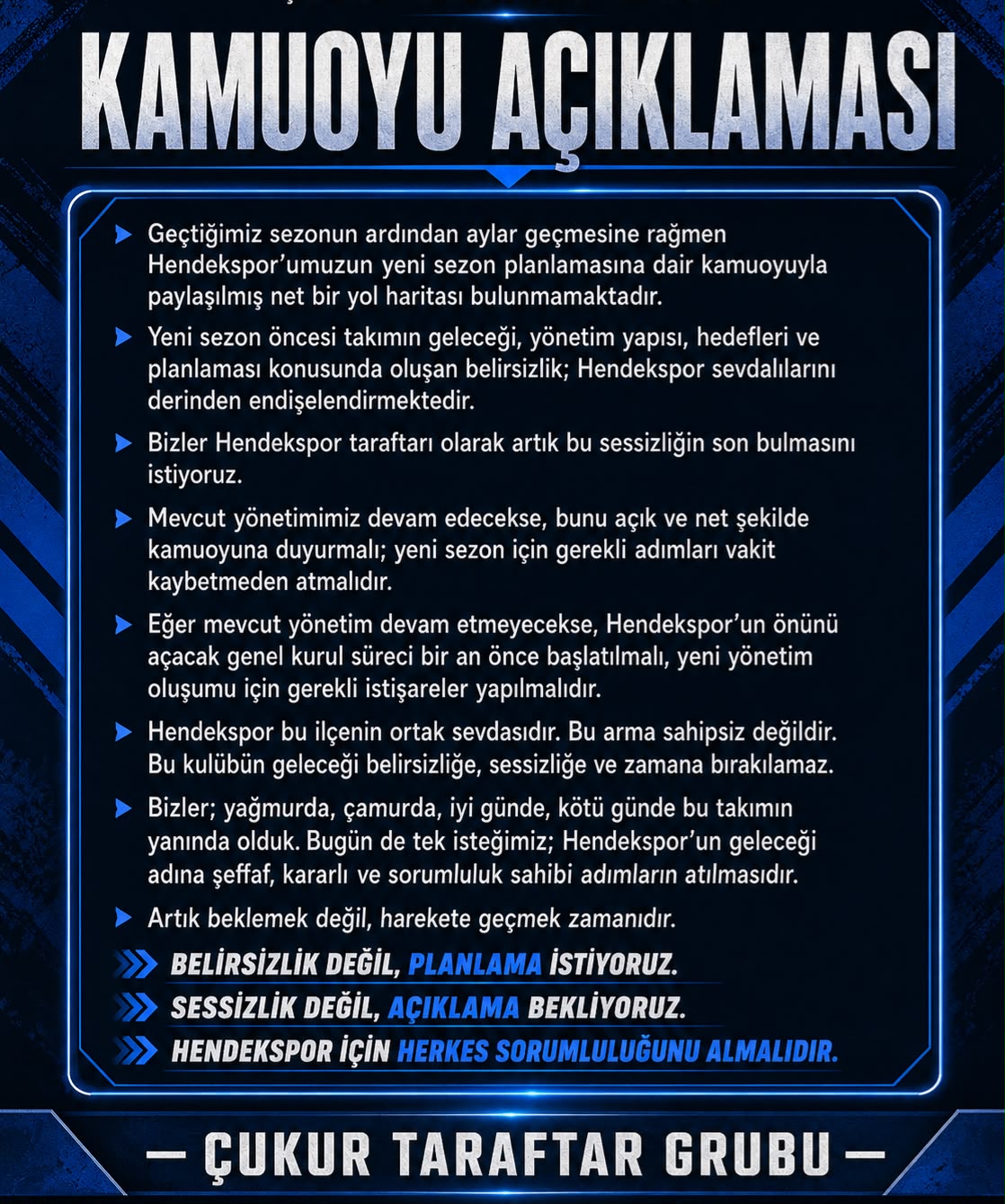 Çukur Taraftar Grubu'ndan Hendekspor Yönetimine Çağrı; Sessizlik Değil, Açıklama Bekliyoruz