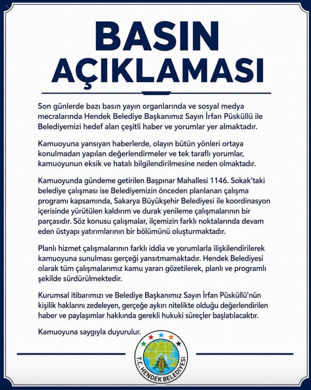 Hendek Belediyesi açıklama yaptı