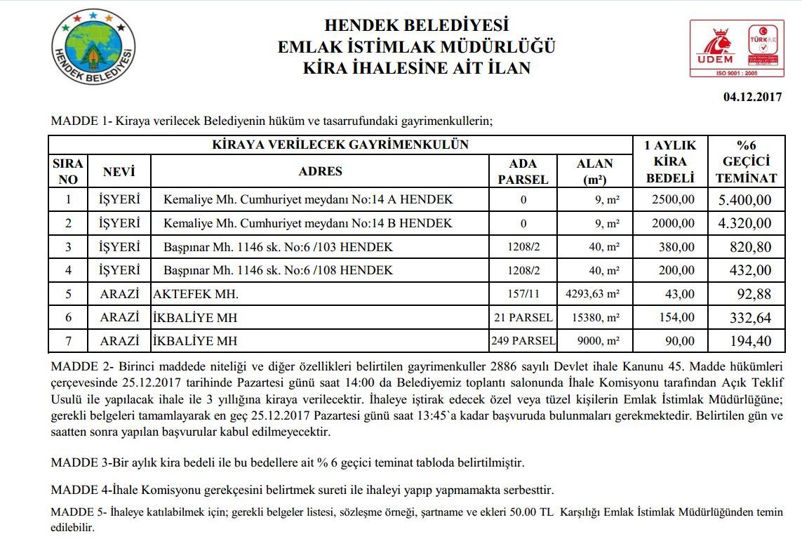 Hendek’te açık teklif usulü ihale