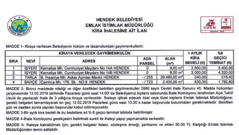 Hendek’te açık teklif usulü ihale
