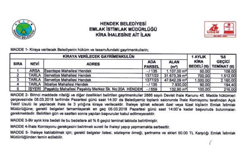 Hendek Belediyesinden Açık Teklif Usulü İhale