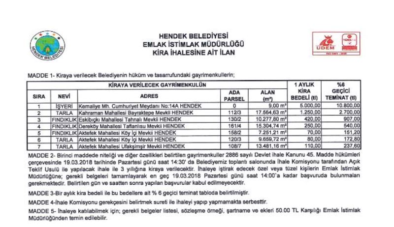 Belediyeden Açık Teklif Usulü İhale