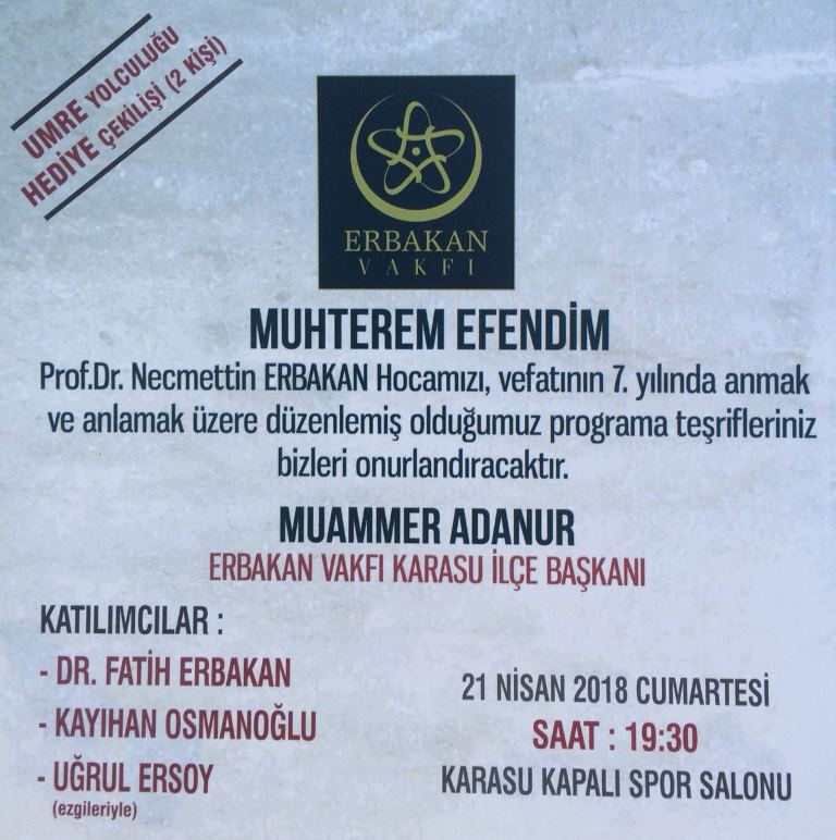 Erbakan Karasu’da Yad Edilecek