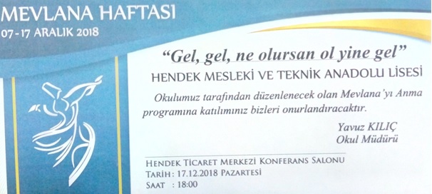 Hendek'te Mevlana Haftası Şiir Ve Müzik Dinletisi Programı