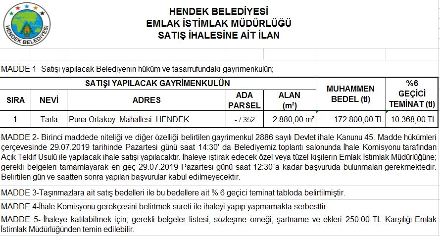 Hendek'te açık teklif usulü ihale