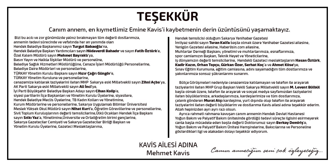 Kavis Ailesinden Teşekkür