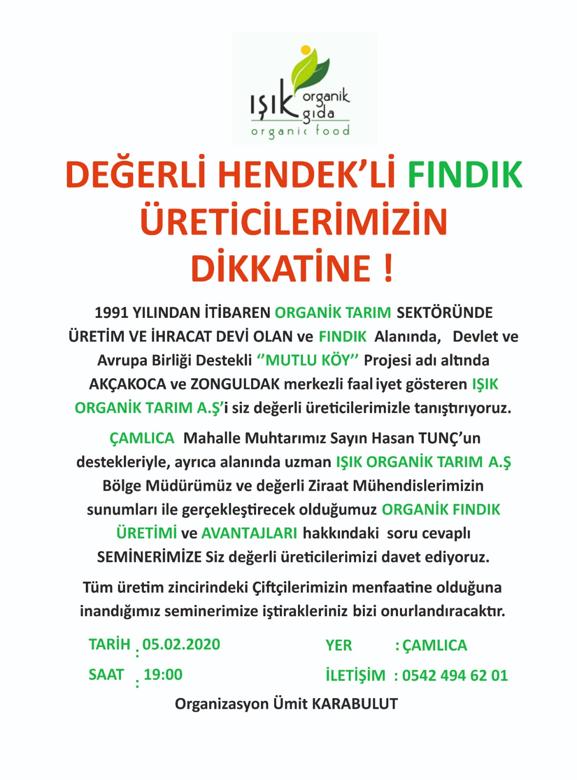 Fındık Üreticilerine Verilecek Seminere Davet