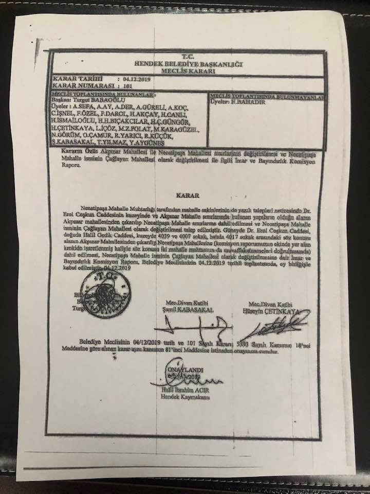 Çağlayan Mahallesi Eski Adına Kavuştu