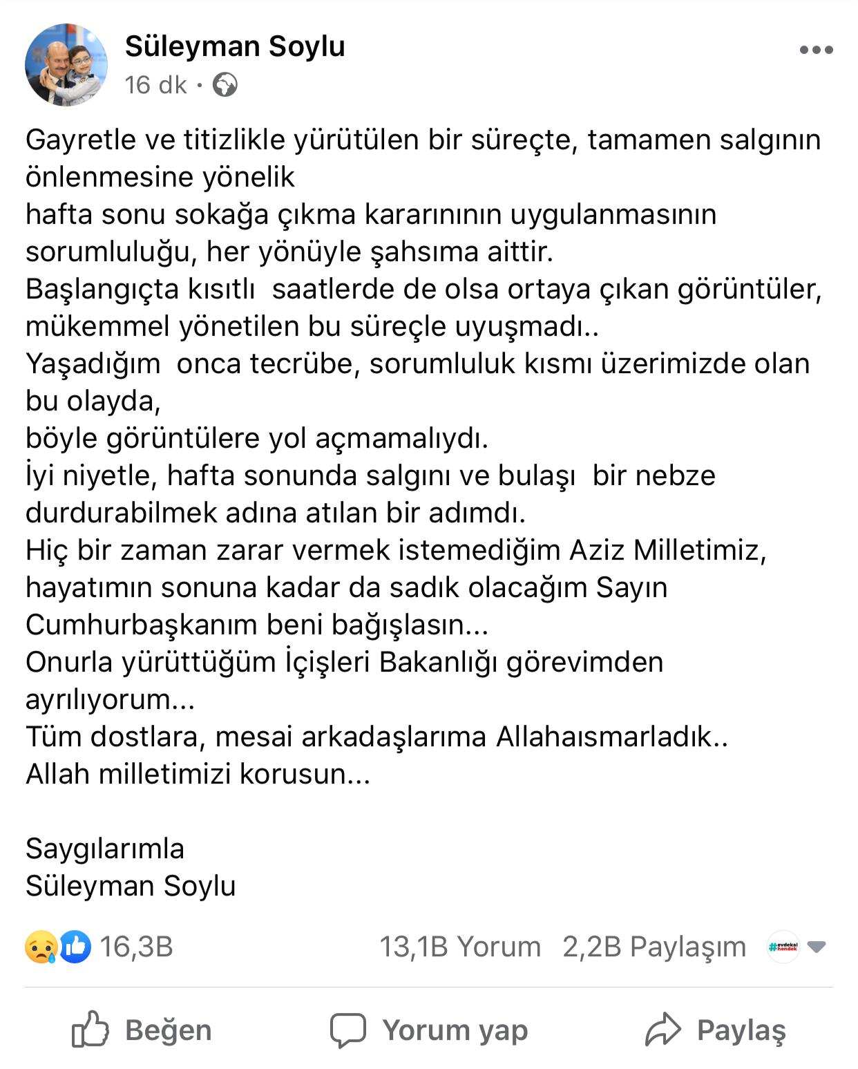 İçişleri Bakanı Süleyman Soylu görevinden istifa ettiğini açıkladı