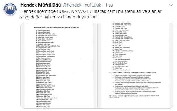 Hendek'te Namaz kılınacak camiler açıklandı
