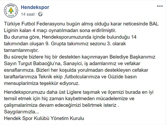 Hendekspor Yönetiminden Teşekkür