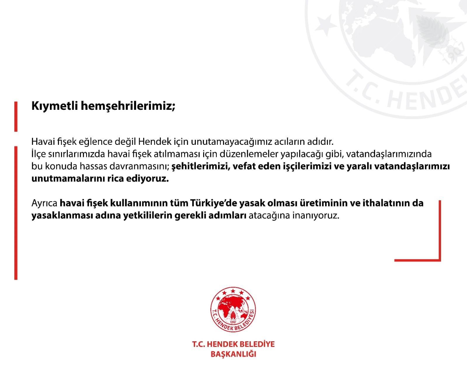 Hendek Belediyesinden Havai Fişek Kararı