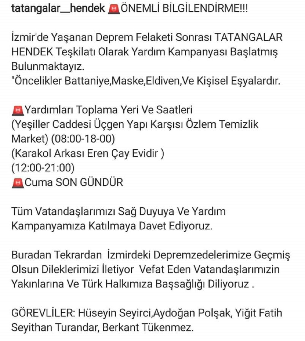 Hendekli Tatangalardan Yardım Kampanyası