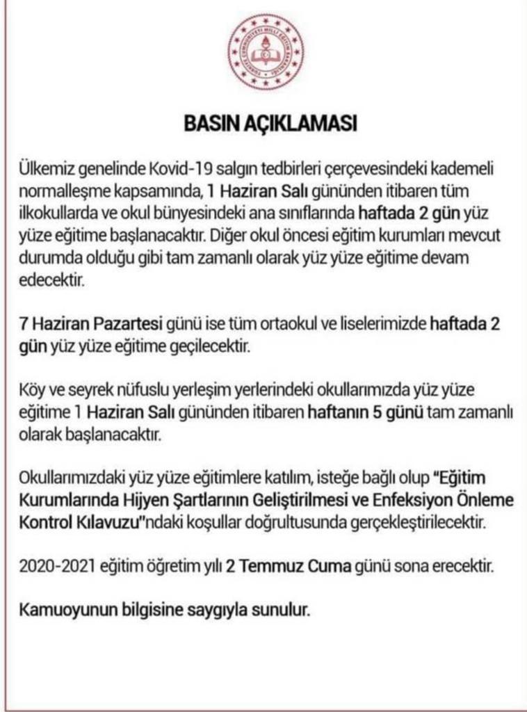 Bakan Selçuk'tan yüz yüze eğitim açıklaması