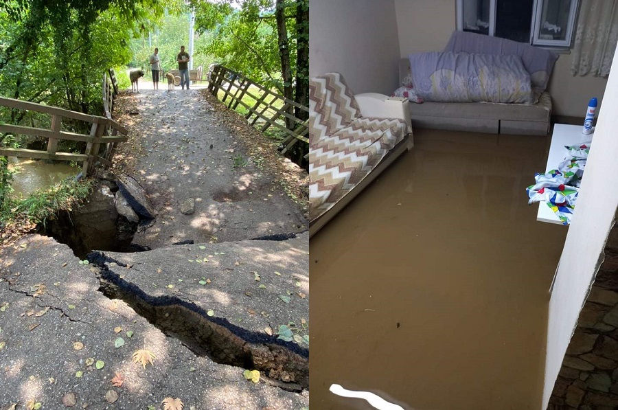 Sağanak Yağmur sonrası Bir Evi Su Bastı, Asfalt Çöktü
